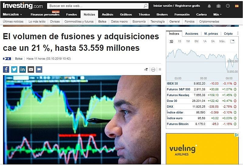 El volumen de fusiones y adquisiciones cae un 21 %, hasta 53.559 millones